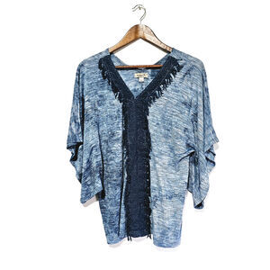 One World Knit Top Blue Tie Dye Striped Crochet Lace Trim Kimono Sleeve Size M